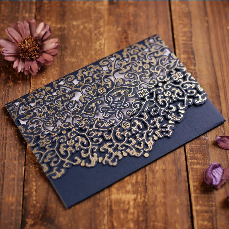 FOMTOR 50-Pack Blue Laser Cut Wedding Invitation Cards Set w/Envelopes & Inserts & Seals â€“ for Wedding, Bridal Shower, Graduation, Birthday Party, Engagement, Anniversary - Image 4